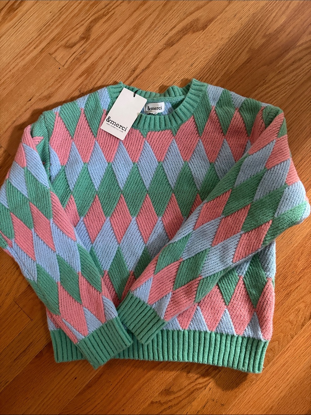 Merci Argyle Crewneck Sweater - Green, Pink & Light Blue